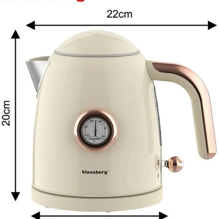 Klausberg - Waterkoker - Retro Waterkoker - Kleine Elektrische Waterkoker - Thee Waterkoker met Thermometer - Compacte Waterkoker Design - Keukenapparaat - 1L - 1200W - RVS - Crème