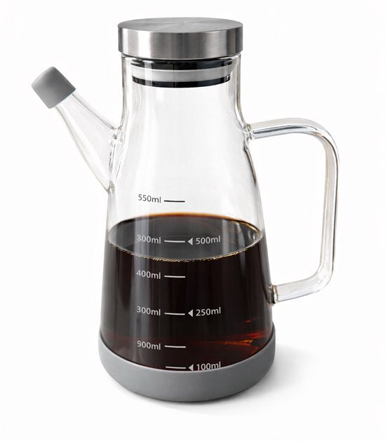 Glazen Olie- en Azijn Dispenser 550 ml – Met Maatverdeling & RVS Deksel – Lekvrij & Modern Design