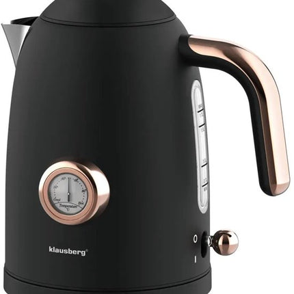 Klausberg - Waterkoker - Retro Waterkoker - Elektrische Waterkoker met Thermometer - Design Waterkoker met Rose Gold - Grote Waterkoker Keuken - Thee & Koffie Koker - 1.7L - RVS - 2200W - Zwart