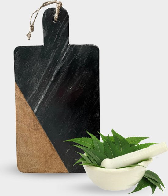 Snijplank - Serveerplank in Zwart Marmer en Mangohout 30 x 15 cm | Snijplank marmer
