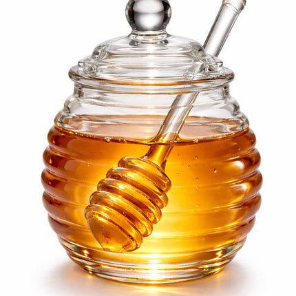Glazen Honingpot met Deksel en Honinglepel – Borosilicaatglas – Transparant Design
