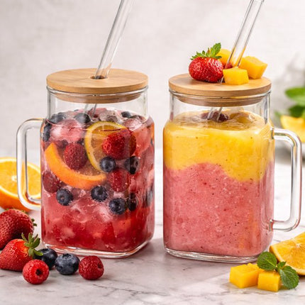 Set van 2 Glazen Drinkbekers met Deksel en Glazen Rietje – 450 ml – Perfect voor Matcha & Cocktails
