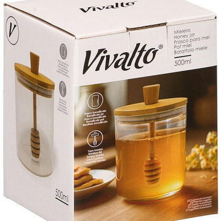 Honingpot - Glazen Honingpot - Honing Dispenser met Handvat & Bamboe Deksel - 500ml - 9 x 9 x 11 cm - Transparant & Bamboe