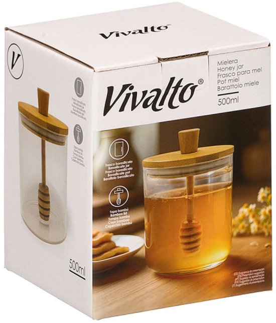 Honingpot - Glazen Honingpot - Honing Dispenser met Handvat & Bamboe Deksel - 500ml - 9 x 9 x 11 cm - Transparant & Bamboe