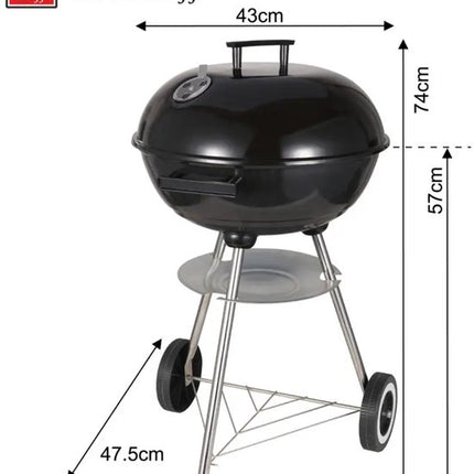 KINGHoff - Houtskool BBQ Grill - Kogelbarbecue met Deksel en Wielen - Tuin BBQ Grill Verrijdbaar - Barbecue met Temperatuurregeling - Buiten Grill - Camping & Terras BBQ - Metaal - Ø43 x 47.5 x 74 cm - Zwart