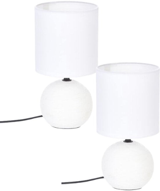 Timéo Tafellamp - Set van 2 - Tafellampen - Gestreepte Bol Lamp - E14 Tafellamp Sfeerverlichting - Keramiek - 25cm in Hoogte - Wit