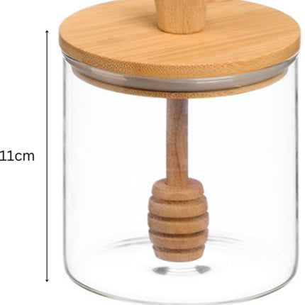 Honingpot - Glazen Honingpot - Honing Dispenser met Handvat & Bamboe Deksel - 500ml - 9 x 9 x 11 cm - Transparant & Bamboe
