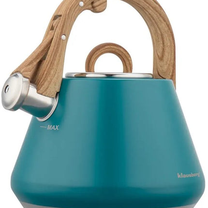 Klausberg - KB-9063 - Fluitketel 2.5L - RVS Waterketel - Matte Afwerking - Met Fluit - Afneembaar Deksel - Inductie - Gas - Elektrisch - Keramisch - Theeketel voor Koffie en Thee - Brede Voet - Turquoise Blauw