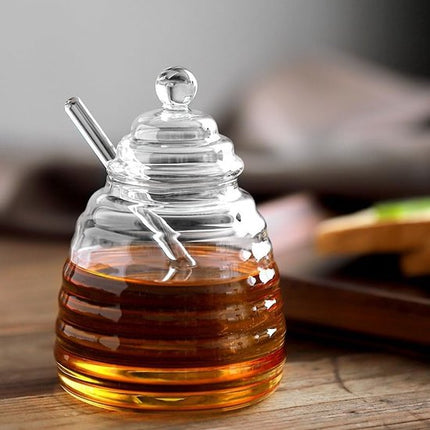 500 ml glazen honingpot met honinghouder en honinglepel, transparant glas honingglas met deksel, honingglazen voor het serveren van honing en siroop