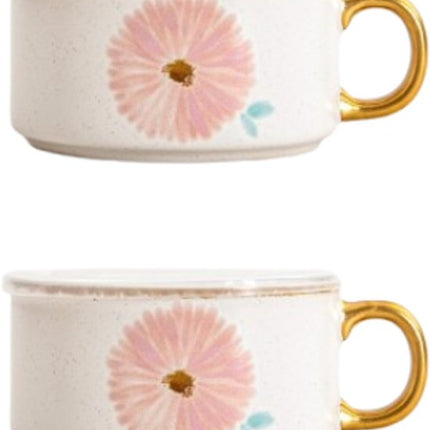 Homla Meren serveerschaal set van 2 met gouden handgreep, crème met roze bloemenmotief, 0,6 liter