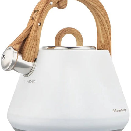 Klausberg - KB-9061 - Fluitketel 2.5 Liter - RVS Waterketel - Met Fluit - Afneembaar Deksel - Houtlook Handgreep - Inductie - Gas - Elektrisch - Keramisch - Theeketel - Koffie - Brede Voet - MAX Aanduiding - Wit