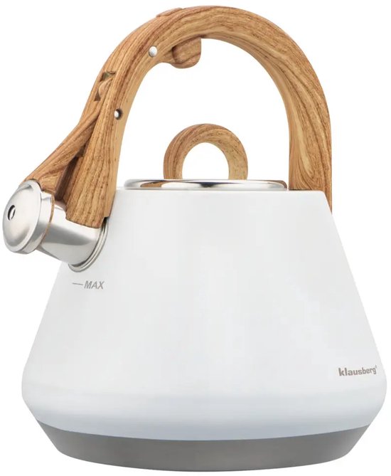 Klausberg - KB-9061 - Fluitketel 2.5 Liter - RVS Waterketel - Met Fluit - Afneembaar Deksel - Houtlook Handgreep - Inductie - Gas - Elektrisch - Keramisch - Theeketel - Koffie - Brede Voet - MAX Aanduiding - Wit