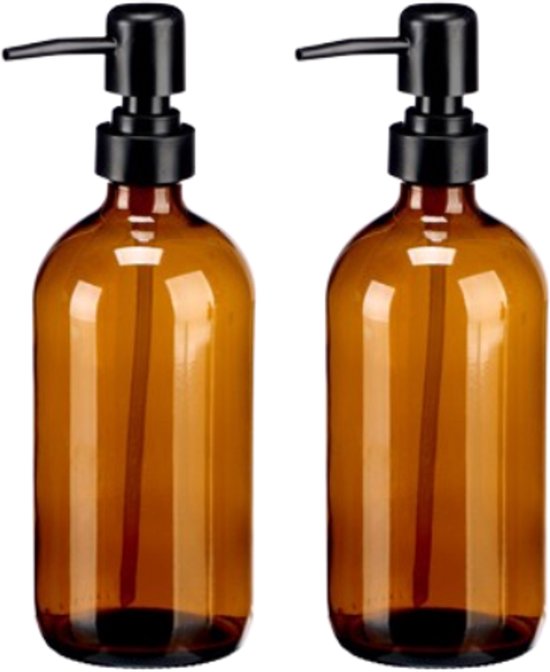 Flessenpomp - Dispenser - Set van 2 - Rond - Kristal Dispenser met Zwarte Pomp - 500 ml - 7.4 x 9.5 x 21.4 cm - Bruin-Zwart
