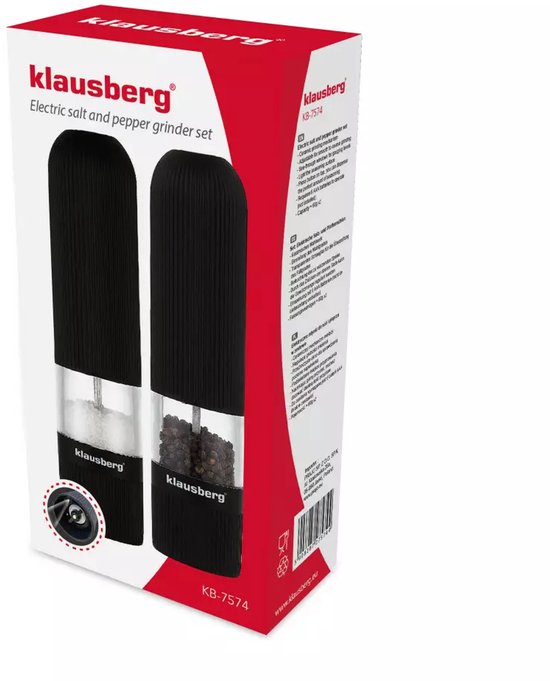 Klausberg KB7574 Elektrische Peper- en Zoutmolens - Zwart - Instelbare Maalgraad - Eénhandig Bediening - Antislip Coating