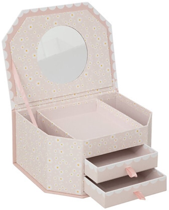 Lana Sieradendoosje - Jewellery Box met Spiegel en Lades - Kinder Sieraden Opbergdoos - Juwelenkistje met 2 Lades - Make-up & Sieraden Organizer - 21.5 x 16.5 x 10 cm - Roze