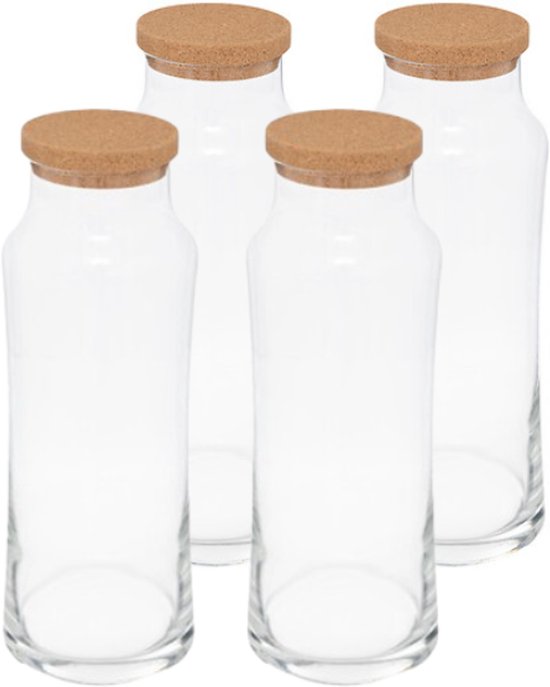 Schenkkaraf - Glazen Waterkaraf - Slanke Karaf Bronwater - Transparante Glazen - Set van 4 - Slank en Rond - 1L - 25 cm Hoog