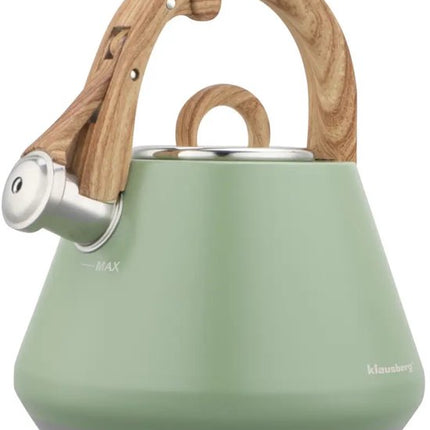 Klausberg - KB-9062 - Fluitketel - RVS Waterketel - Met Fluit - Matte Afwerking - Afneembaar Deksel - Houten Look Handgreep - Inductie - Gas - Elektrisch - Keramisch - Theeketel - Koffie - Brede Voet - 2.5L - Pastelgroen