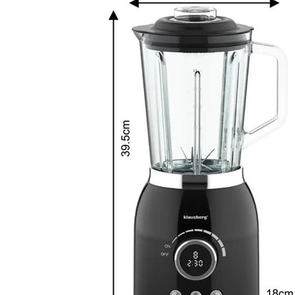 Klausberg - Blender - Smoothie Maker met LED Display - IJscrusher - Glazen Blender met 6 RVS Messen - Smoothie Blender met Timer - Keuken Blender 8 Snelheden - Crushed Ice Mixer - 1.5L - 600W - Zwart