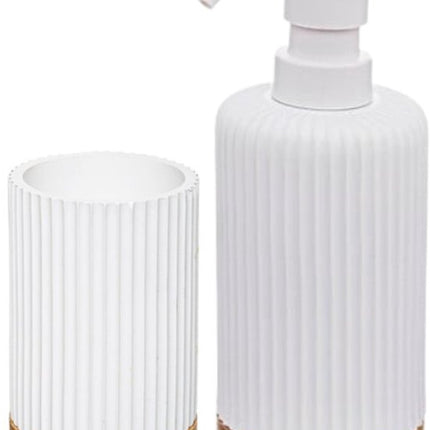 Badkameraccessoireset – Moderne Badkamer Accessoires – Zeeppomp & Tandenborstelhouder Set – Polyresin met Bamboe – Luxe Zeepdispenser & Beker – Wit