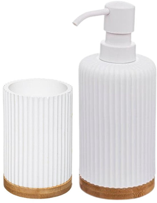Badkameraccessoireset – Moderne Badkamer Accessoires – Zeeppomp & Tandenborstelhouder Set – Polyresin met Bamboe – Luxe Zeepdispenser & Beker – Wit