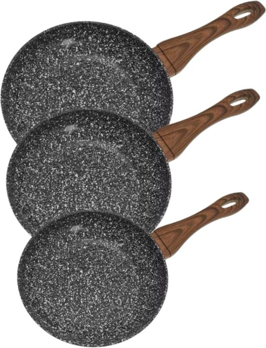 Kookpannenset - 3-delig - Frying Pan Set - Met Siliconen Coating Handgreep - Anti-aanbak - Inductiegeschikt - Duurzaam & Functioneel - Ø20 / Ø24 / Ø28 cm - Marble Grey