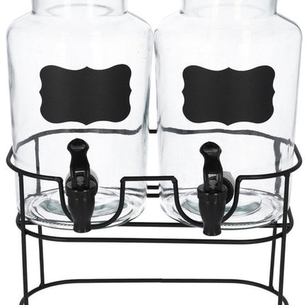 HOMLA - Allos Drankdispenser - Sapdispensers - Drankcontainer - Set van 2 - Waterdispenser met Metalen Standaard, Dubbele Kraan & met Kurkdeksel - 2 Liters - Transparant