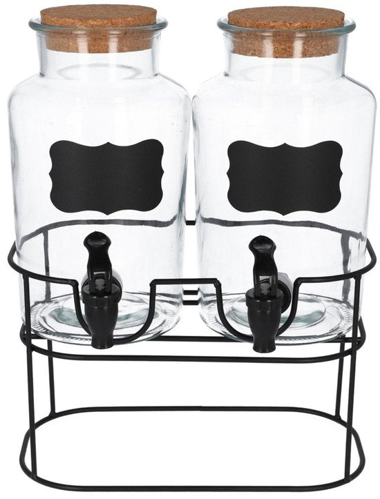 HOMLA - Allos Drankdispenser - Sapdispensers - Drankcontainer - Set van 2 - Waterdispenser met Metalen Standaard, Dubbele Kraan & met Kurkdeksel - 2 Liters - Transparant