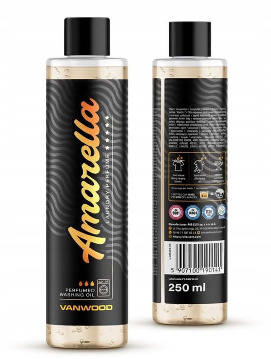 Elix - Amarella Laundry Perfume - Wasparfum - Wasmiddel Parfum - Wasverzachter Alternatief - Wasgeur Concentratie Tot 50 Wasbeurten - Langdurige Kleding Geur - Parfum Olie voor Wasmachine - 250ml - Vanwood