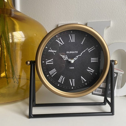 Atmosphera Tafelklok Roma - goud/zwart - H26 cm - Dia klok 21 cm - glas/metaal - op standaard