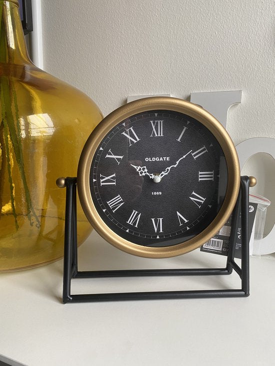 Atmosphera Tafelklok Roma - goud/zwart - H26 cm - Dia klok 21 cm - glas/metaal - op standaard