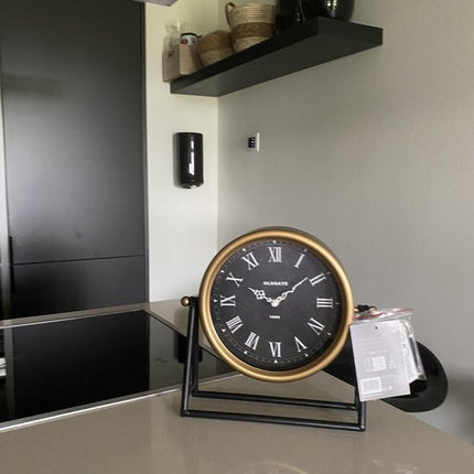 Atmosphera Tafelklok Roma - goud/zwart - H26 cm - Dia klok 21 cm - glas/metaal - op standaard