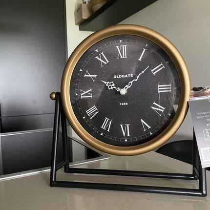Atmosphera Tafelklok Roma - goud/zwart - H26 cm - Dia klok 21 cm - glas/metaal - op standaard