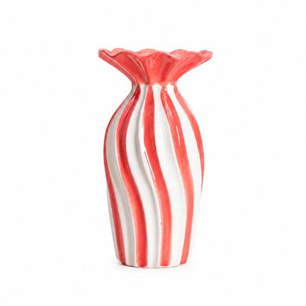 Homla - Vaas - Bloemenvaas - Keramische Vaas met Geribbelde Rand - Decoratieve Bloemenvaas - Moderne Vaas voor Verse Bloemen en Droogbloemen - 13.5 x 13.5 x 25.5 cm - Wit & Koraalroze