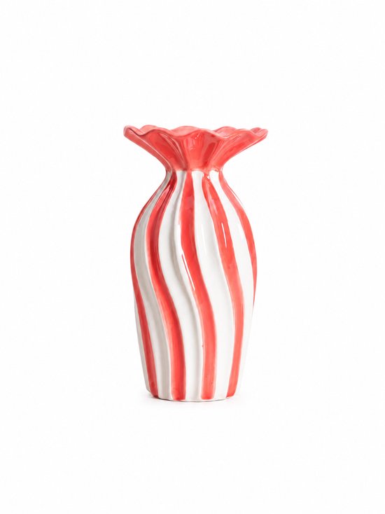 Homla - Vaas - Bloemenvaas - Keramische Vaas met Geribbelde Rand - Decoratieve Bloemenvaas - Moderne Vaas voor Verse Bloemen en Droogbloemen - 13.5 x 13.5 x 25.5 cm - Wit & Koraalroze