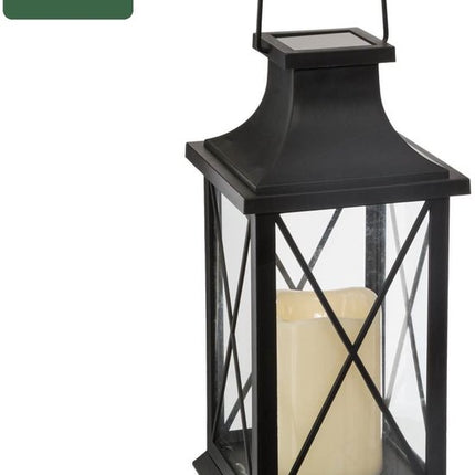 2x Atmosphera Solar tuin lantaarn - zwart - kunststof/glas - 14 x 14 x 28 cm - buiten - Led kaars licht