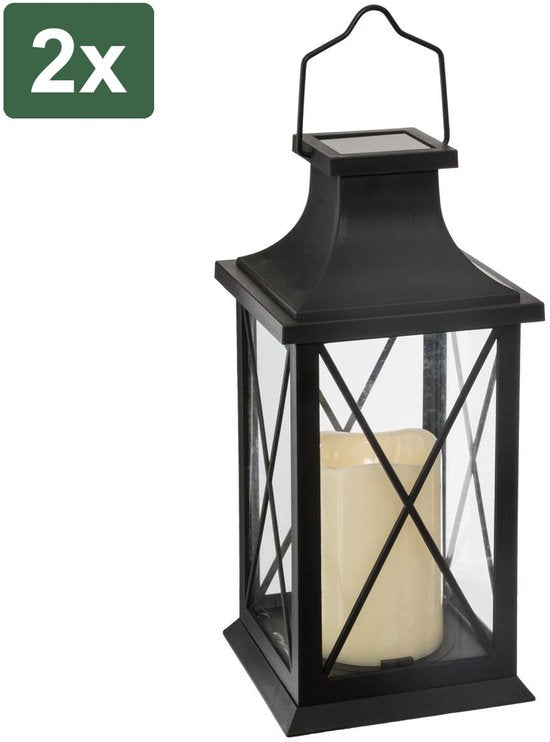 2x Atmosphera Solar tuin lantaarn - zwart - kunststof/glas - 14 x 14 x 28 cm - buiten - Led kaars licht