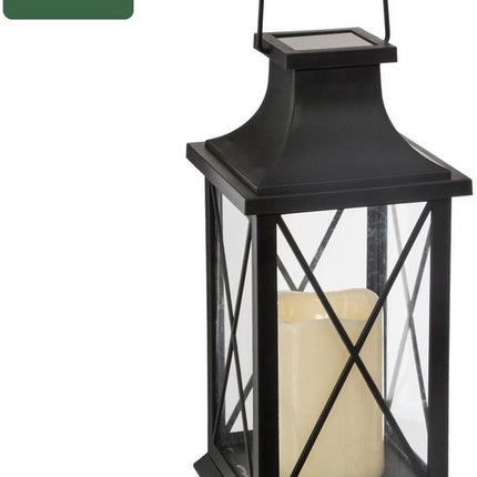 2x Atmosphera Solar tuin lantaarn - zwart - kunststof/glas - 14 x 14 x 28 cm - buiten - Led kaars licht