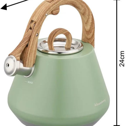 Klausberg - KB-9062 - Fluitketel - RVS Waterketel - Met Fluit - Matte Afwerking - Afneembaar Deksel - Houten Look Handgreep - Inductie - Gas - Elektrisch - Keramisch - Theeketel - Koffie - Brede Voet - 2.5L - Pastelgroen