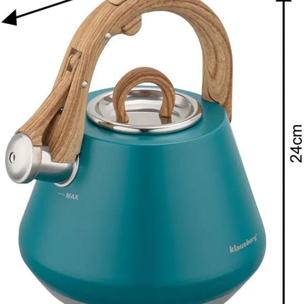 Klausberg - KB-9063 - Fluitketel 2.5L - RVS Waterketel - Matte Afwerking - Met Fluit - Afneembaar Deksel - Inductie - Gas - Elektrisch - Keramisch - Theeketel voor Koffie en Thee - Brede Voet - Turquoise Blauw