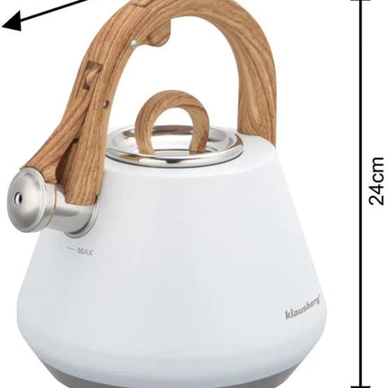 Klausberg - KB-9061 - Fluitketel 2.5 Liter - RVS Waterketel - Met Fluit - Afneembaar Deksel - Houtlook Handgreep - Inductie - Gas - Elektrisch - Keramisch - Theeketel - Koffie - Brede Voet - MAX Aanduiding - Wit