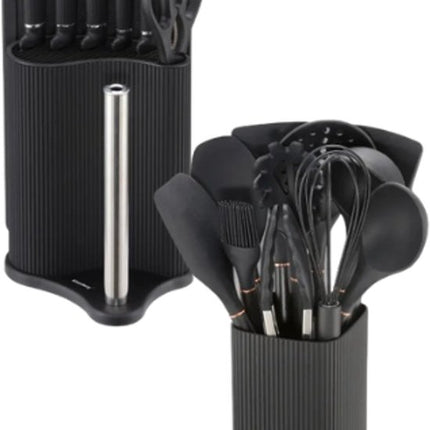 Klausberg - Keuken Set - Keuken Accessoires Set - 8-Delig - Messenset met Houder & 12-Delig - Siliconen Keukengerei Set - Zwart