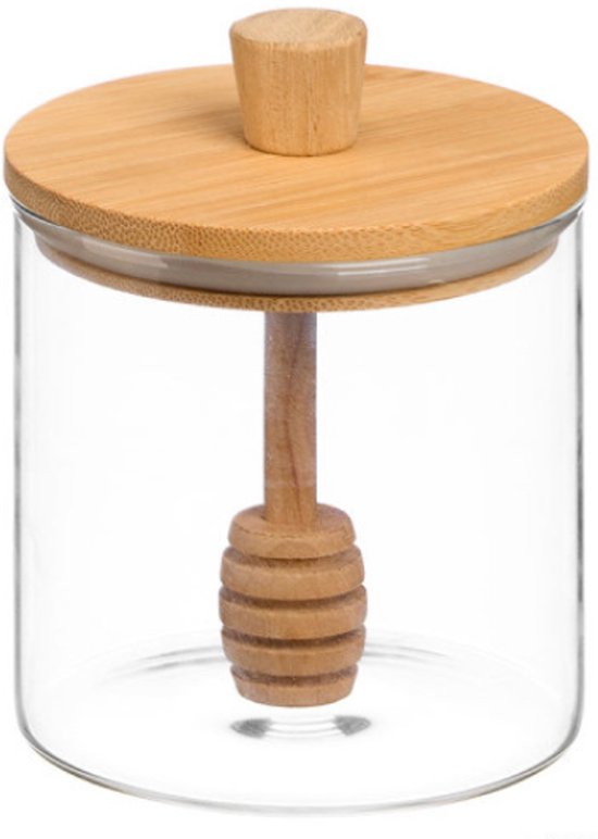Honingpot - Glazen Honingpot - Honing Dispenser met Handvat & Bamboe Deksel - 500ml - 9 x 9 x 11 cm - Transparant & Bamboe