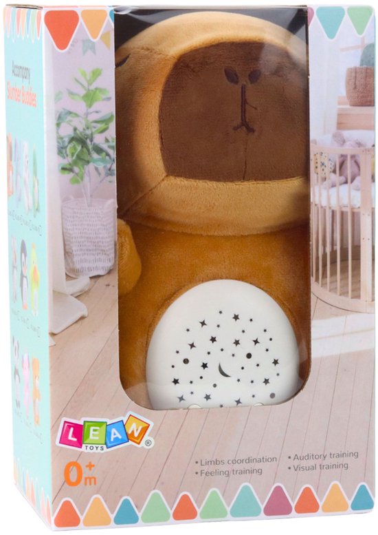 Pluche Capibara met Sterrenprojector - Nachtlampje met 8 Slaapliedjes & Natuurgeluiden - Knuffel met Muziek en Timer - 2 x 1.5V AA-batterijen (niet Inbegrepen) - ca. 24 x 18 x 12 cm - Bruin