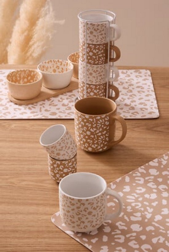Leopardi Mokken Set van 4 - Luipaardenprint - 20 cl - 2x Caramel Bruin, 2x Wit/Beige - Kopjes voor Koffie en Thee - Panterprint - Theemokken set
