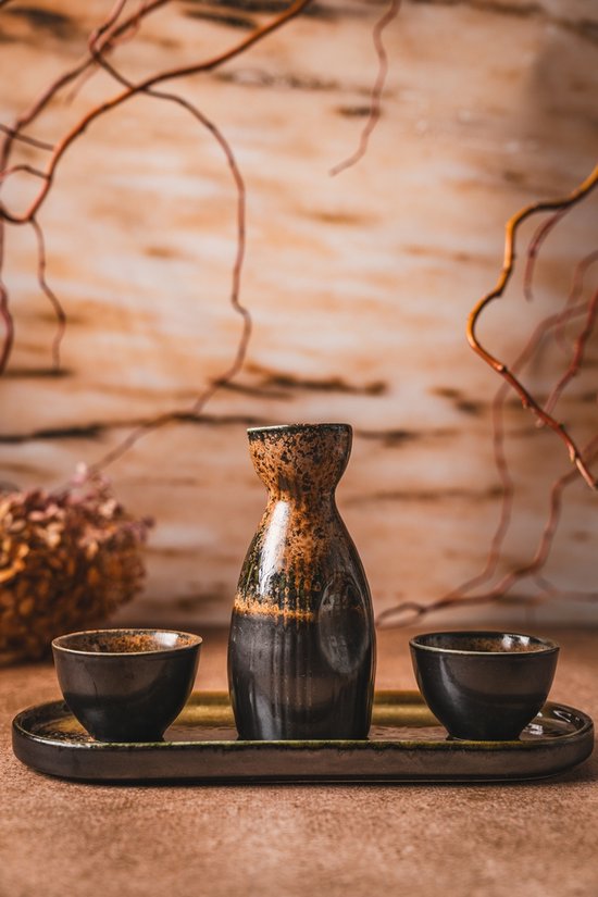 MPLCo - Ondes Sake Set - Drinkset met Karaf en 2 Kopjes - Japanse Theeset Wabi Sabi - Serviesset met Tray - Sake Servies - Zwart-Bruin