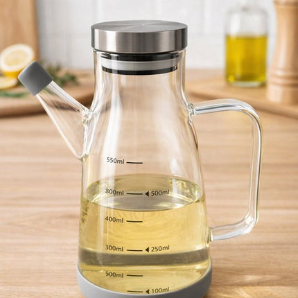 Glazen Olie- en Azijn Dispenser 550 ml – Met Maatverdeling & RVS Deksel – Lekvrij & Modern Design