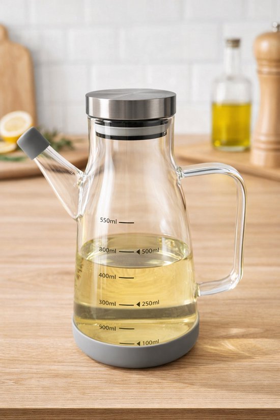 Glazen Olie- en Azijn Dispenser 550 ml – Met Maatverdeling & RVS Deksel – Lekvrij & Modern Design