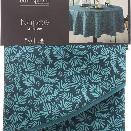 Atmosphera Tafelkleed van polyester rond - D180 cm - blad print blauw - Eettafel tafelkleden