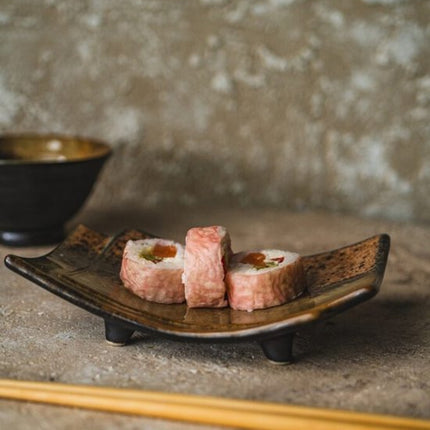MPLCo - Ondes Serveerschaal - Schaal Sushi & Tapas - Serveerschaal op Voet - Vaatwasser & Magnetron Bestendig - Decoratief Bord op Voet - Keramiek - ca. 17 x 2-4.5 cm - Aardetinten