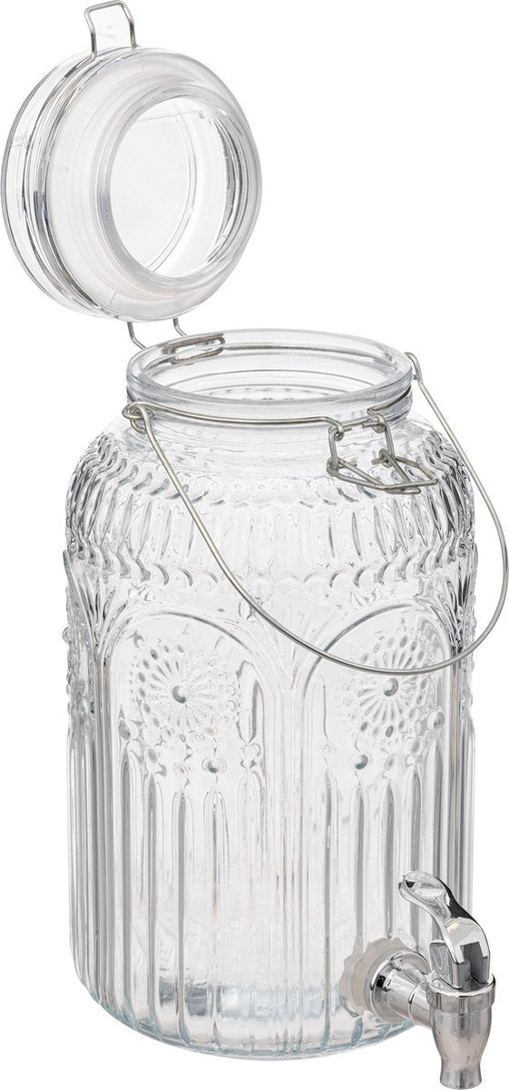 5Five Drank/water/sap/limonade dispenser Marbella - 3.8 Liter - bewerkt deco glas - tapkraan/deksel - zilver - drankautomaat